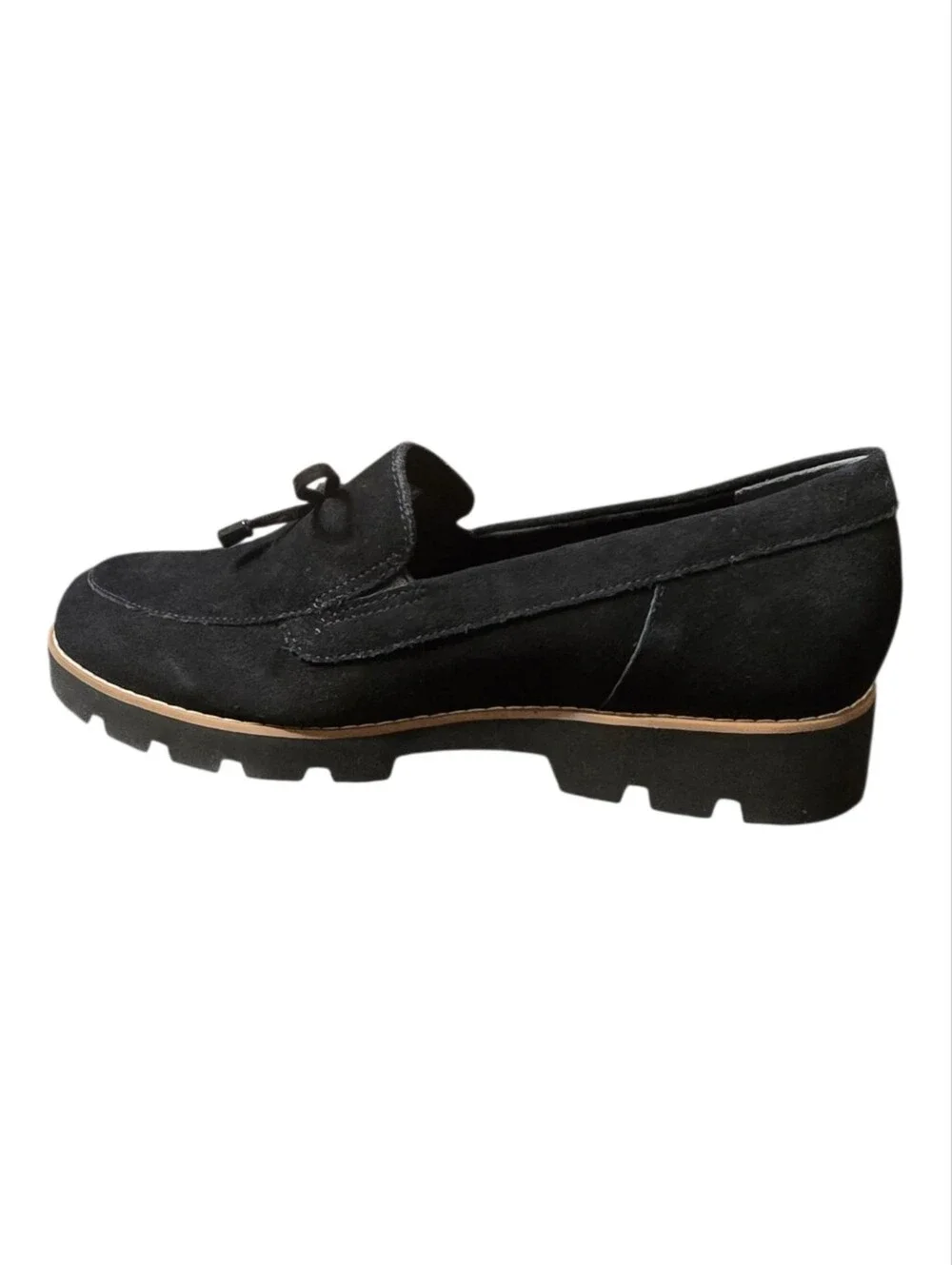 ​Vionic Finley Black Suede Bow Chunky Lug Sole Loafers